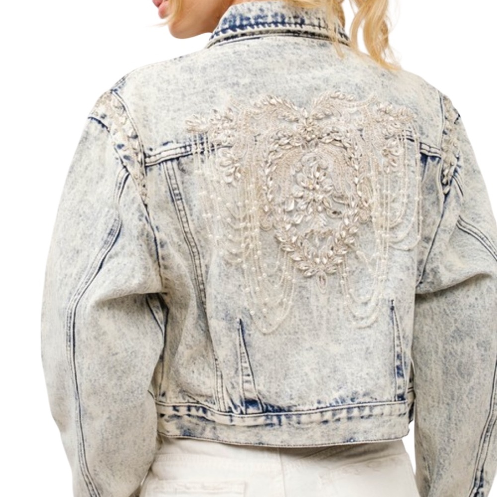 Blue B Rhinestone & Pearl Embellished Acid Wash Denim Jacket 🔥